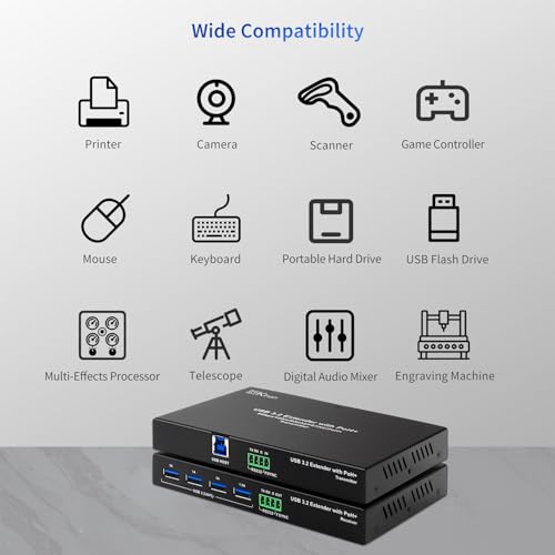 Image of Kinan USB 3.2 Extender via Cat6a /Cat7 330FT 100m, Only One Power Supply Required, 4 Port USB 3.2, RS232 FSYNC USB 3.0 Extender, Keyboard Mouse USB Over Ethernet, Plug and Play, A Pair, New Version