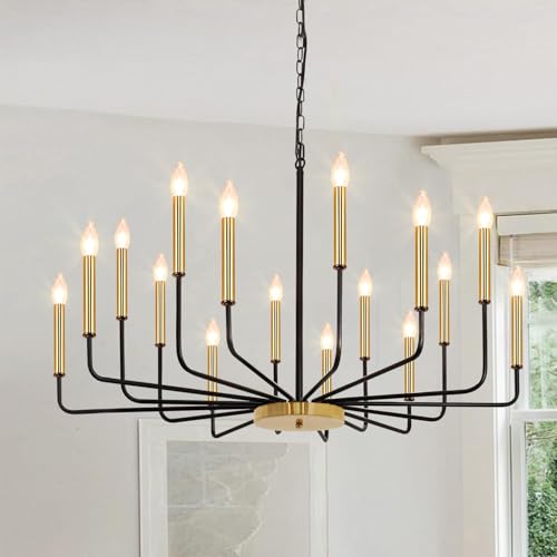 Black and Gold Chandelier, 16-Light Farmhouse Chandelier for Dining Room Lighting Fixtures Hanging, Industrial Modern Chandeliers for Dining Room Living Room Foyer Entry Staircase Kitchen
