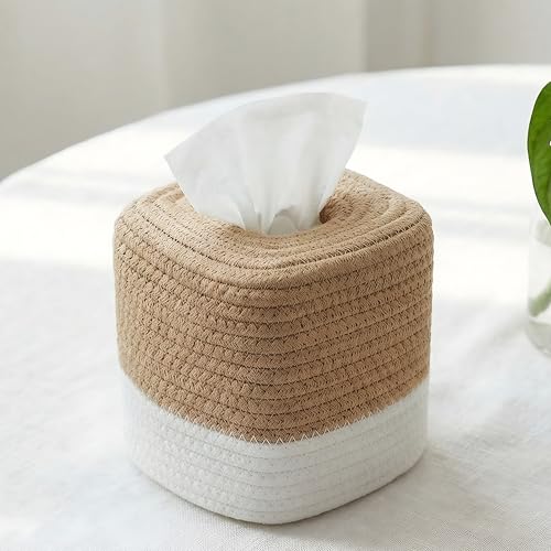 Xygobla Cotton Square Tissue Box Cover Stylish Hand Woven Napkin Holder Open Bottom Design Boho Decoration Tissue Organizer Box Cube Tissue Paper Holder for Rustic Decorative on Table and Bathroom