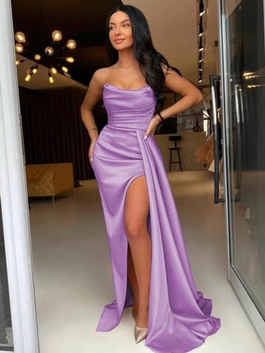Women's Satin Prom Dress 2025 Long Mermaid Evening Dress with Slit Wrap Strapless Formal Ball3