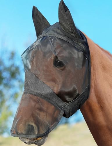 HackFond Horse Fly Mask with Long Nose and Ears Full Face UV Protection for Horses Smooth Fine Mesh Equine Fly Mask M - Cob