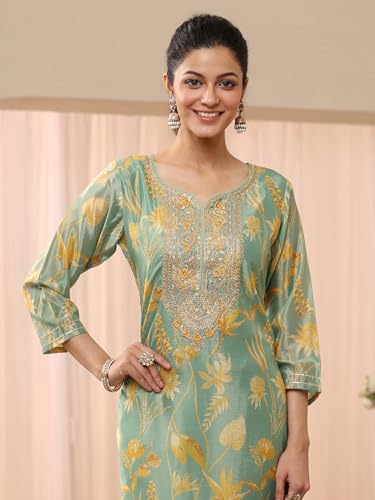 Image of Libas Printed Chinon Straight Kurta With Trouser and Dupatta | daily wear suit