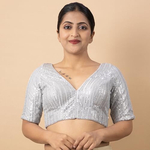Women's Sequin Embroidered V Neck Elbow Half Sleeve Readymade Saree Blouse Indian Ethnic Designer Stitched Plus Size Top Padded Lavender Pink Blue Silver Black Gold Red Green | E1