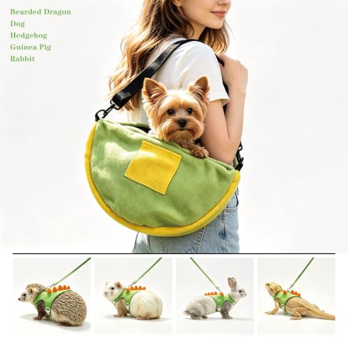 Image of Ferret Harness Leash with Carrier Set,Small Animals Vest Harness, Dinosaur Shaped Leash Set, Semi-Circular Bag for Rabbit Guinea Pig Teacup Chihuahua Mouse and Other Small Pet (Green)