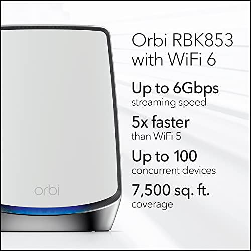 Image of NETGEAR Orbi Whole Home Tri-Band WiFi 6 Mesh Network System (RBK853) - Router with 2 Satellite Extenders, Security Features, Coverage Up to 7,500 Square Feet, 100 Devices, AX6000 (Up to 6Gbps)