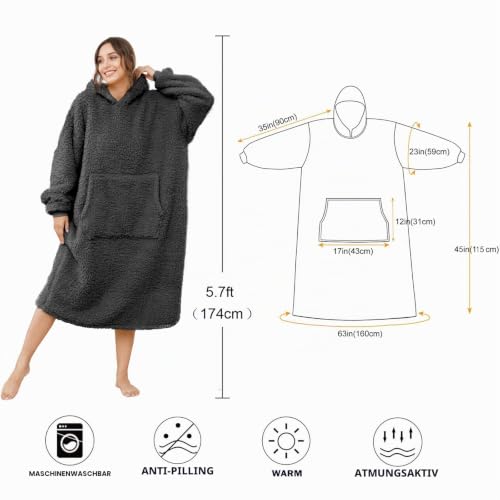 ililmmoe Übergroße Sherpa-Decke mit Kapuze für Damen und Herren, Lange Bequeme Sherpa-Decke, zotteliger Pullover, Plüsch, Olive gemütlich… – Ansicht 5