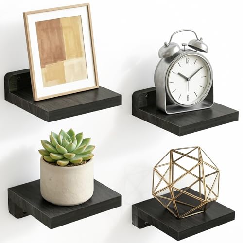 Fixwal Wall Shelves 5x5 Inches Small Floating Shelf Rustic Wood Wall Mounted Shelves for Bedroom Living Room Kitchen Bathroom Decor (Set of 4 Black)