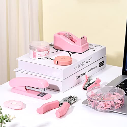 10 Piece Pink Desk Accessory Kit Includes Stapler With Staples Tape Dispenser Staple Remover Single Hole Punch Paper Clips Scissors Tape Measure Small Telescopic Knife Cute Office Desk Accessories #TOP6