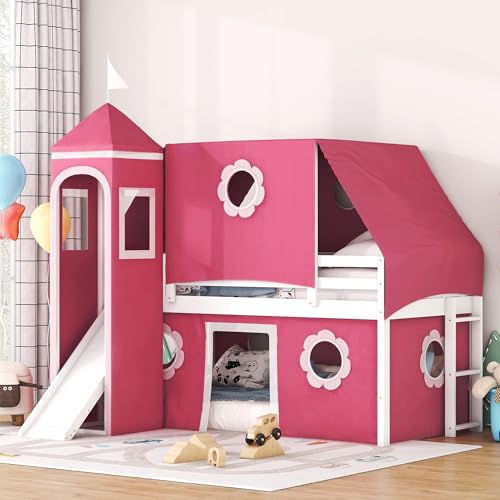 Harper & Bright Designs House Loft Bed with Slide and Tent, Twin Size Loft Bunk Bed with Tower and Ladders, Wood Bunk Bed with Slide, Playhouse Bed Frame for Kids, Teens, Boys & Girls (Twin, Pink)