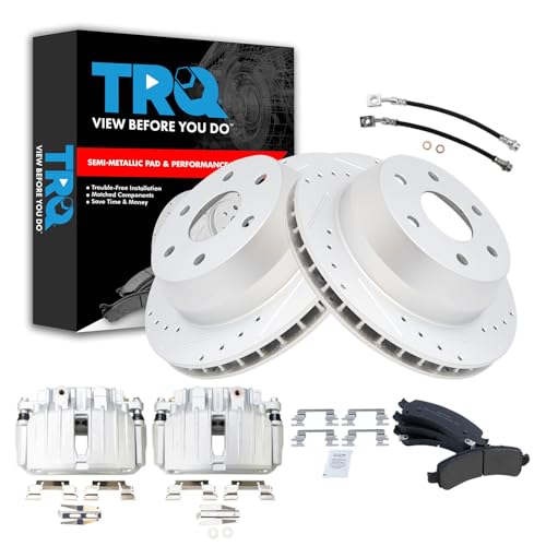 Image of TRQ Performance Rear Brake Pad and Rotor Set Semi Metallic Slotted Drilled Coated Rotors Calipers Compatible with 2002 Chevrolet Avalanche 1500 Suburban 1500 Tahoe GMC Yukon Yukon XL 1500