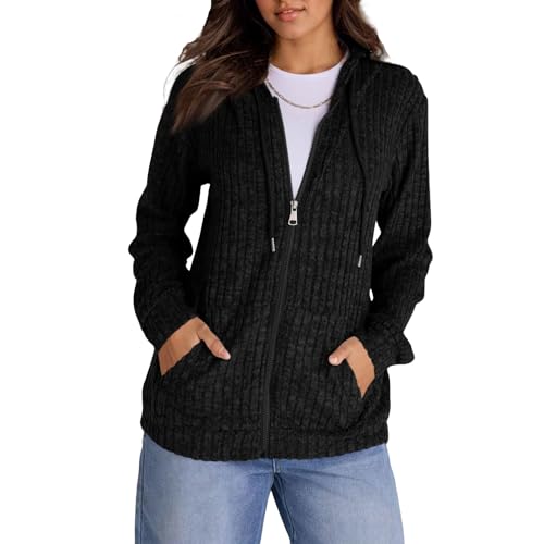 Sweaters for Women Long Sleeve Knitted Zip up Hoodies Ribbed Pullover Loose Casual Sweatshirts with Pocket2