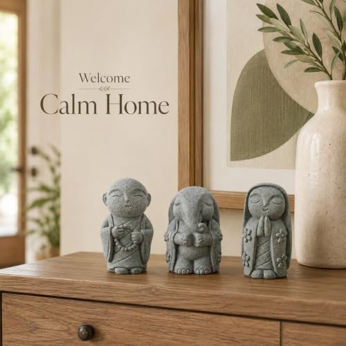 Image of Street27 3Pcs Zen Monk Statue Set, Mini Sandstone Buddha Monk Figurines for Home, Office Desk, Aquarium, Car Dashboard, Meditation Room & Table Decor, Grey
