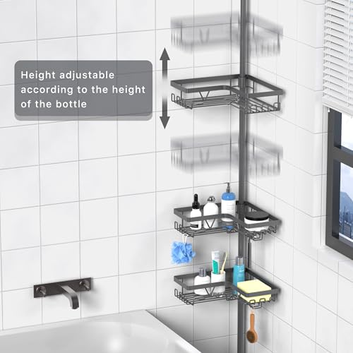 KEGII Corner Shower Caddy Tension Pole - Rustproof Tension Rod Organizer, Floor to Ceiling Shower Caddy 25-114.2 inch, Bathroom Storage Rack Corner Waterproof, Dark Gray