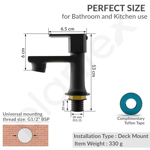 Image of Plantex Pillar Tap for Wash Basin with Water Saving Aerator and Brass Spindle /Quarter Turn Basin Tap with Teflon Tape /Pillar Cocke for Wash Basin - Pack of 1 (Saga, Black)