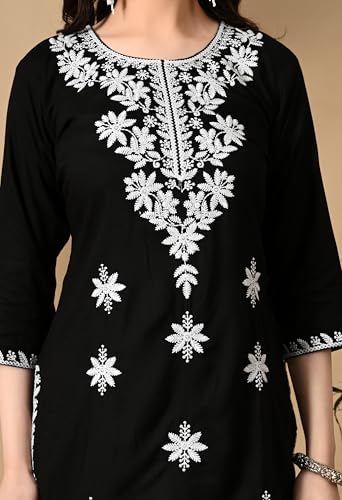 Image of LIBOZA Women's Chikankari Embroidered Short Kurti, Rayon Fabric, Three-Quarter Sleeves, Available in Pink, Black, Mustard Yellow, White, Pista and Green