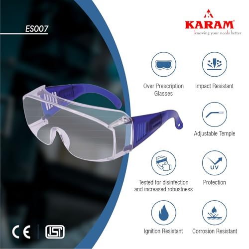 Image of Karam ES007 Safety Goggles with Clear Lens | Scratch & Impact Resistant | Safety Glasses for Multipurpose Use for Pollution, Dust, Riding & Construction Work | PACK OF 12