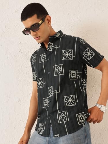 Image of Majestic Man Men's Slim Fit Pure Cotton Printed Casual Shirt - Short Sleeve | Premium Breathable Fabric | Modern Geometric Design