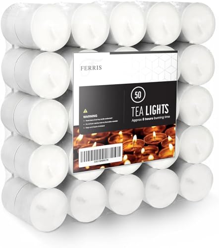FERRIS | 50 Pack Unscented Tea Light Candles | 8-Hour Long Lasting Paraffin Wax Candles with Cotton Wicks | Clean-Burning Tealights for Weddings, Spa, Meditation, Restaurants & Home Decor