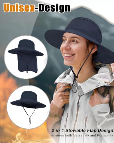 Image of Outdoor Sun Hats with Stowable Neck Flap for Men Women UPF 50+ Mesh Summer Bucket Hat Wide Brim for Fishing Safari Hiking