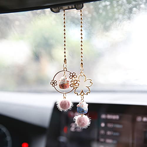 Ygmoner Pair Of Maneki Neko Mirror Hanging Couple Lucky Cat With Sakura For Car Interior Ornament Decoration (Sakura & Cat) #TOP1