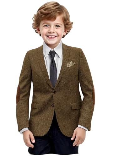 VENNYNG Boys Blazer Retro Herringbone Sport Coat with Elbow Path Formal Tweed Jacket for Kids Classic