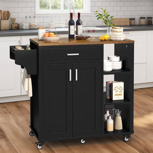 YITAHOME-37-Rolling-Kitchen-Island-Cart-with-Storage-Butcher-Block-Island-on-Wheels-Mobile-Kitchen-Storage-Carts-with-Shelves-Spice-Black YITAHOME 37 Rolling Kitchen Island Cart with Storage Butcher Block Island on Wheels Mobile Kitchen Storage Carts with Shelves Spice Black