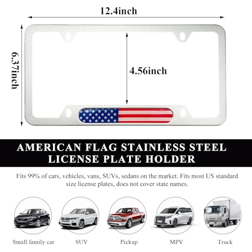 Image of 2 PCS Flag License Plate Frame, American Flag Patriotic Stainless Steel Auto Plate Cover, Vintage US Rust-Proof Vehicle License Plate Holder, Universal Car Accessories (White&Colorful)