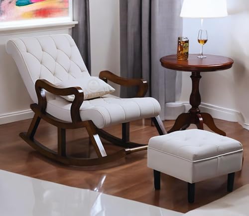 Image of Solid Sheesham Wood Rocking Chair for Living Room with Footrest and Pillow | Ergonomic Resting Chair with Ottoman for Relaxing and Pregnant Women (White)