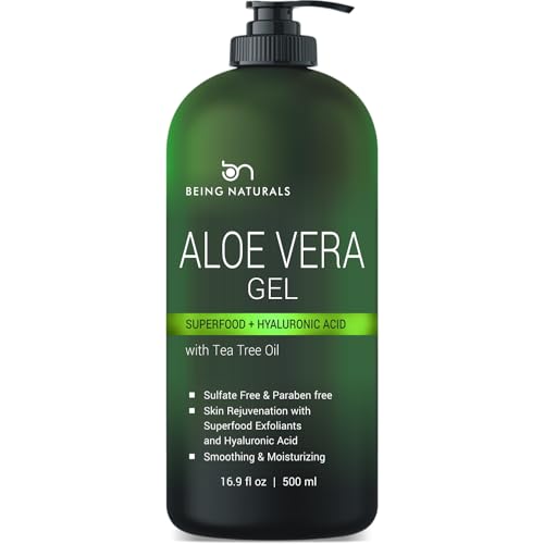 Being Naturals Aloe vera Gel - from 100% Pure Organic Aloe - Natural Raw Moisturizer for Face, Body, Hair. Perfect for Sunburn, Acne, Razor Bumps 16.9 fl oz (Tea Tree, Superfood, Hyaluronic Acid)