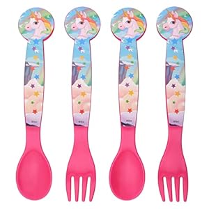 damaloo Eenhoorn Kinderbestek Set – 2 Stuks, Plastic Vork en Lepels voor Kinderen, BPA-Vrij, Klein, Lichtgewicht en Herbruikbaar Plastic Bestek voor Baby’s en Kinderen