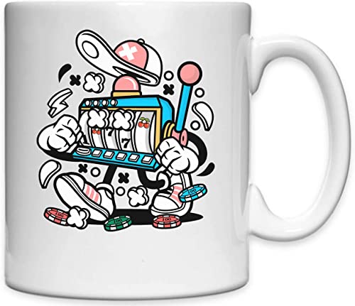 Casino estilo dibujos animados máquina tragamonedas chips 777 cereza blanco taza de cerámica blanco un tamaño