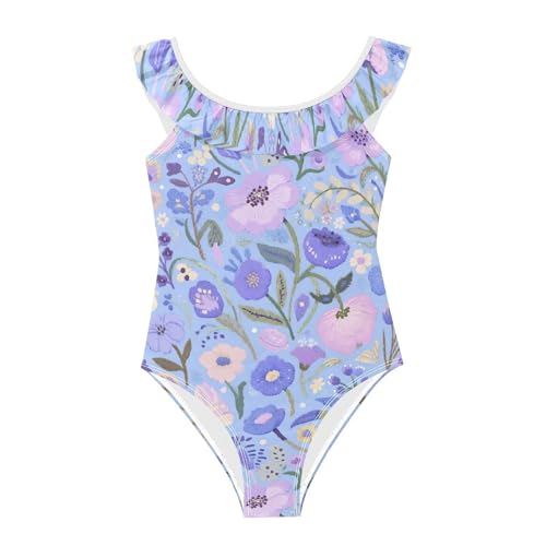 Maillot de bain violet pour fille de 3 à 6 ans avec de jolies bretelles à volants