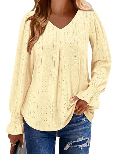 KISSMODA Long Sleeve Fall Shirts For Women V Neck Tunic Tops Embroidered Button Down Knitted Blouses 2025