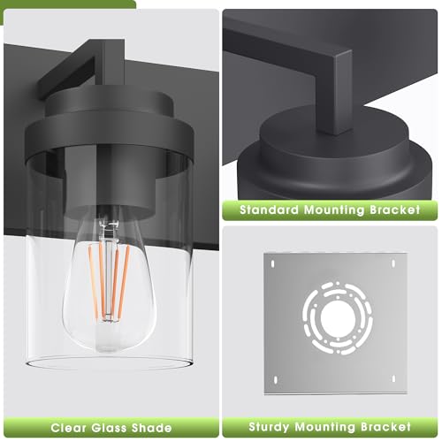 Image of Matte Black Wall Lights, Set of 2 Wall Sconce with Clear Glass Shade, Farmhouse Sconce Lights, Wall Mount Lamp for Bedroom Mirror Living Room