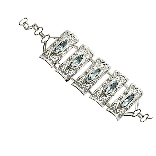 Caratyogi Link Style Spring Ring Clasp Genuine Blue Topaz Stone Silver Bracelet For Women L 6.5-8 Inch #TOP1
