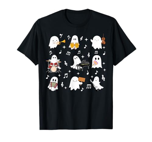Halloween Music Teacher Ghost Playing Musical Instruments T-Shirt