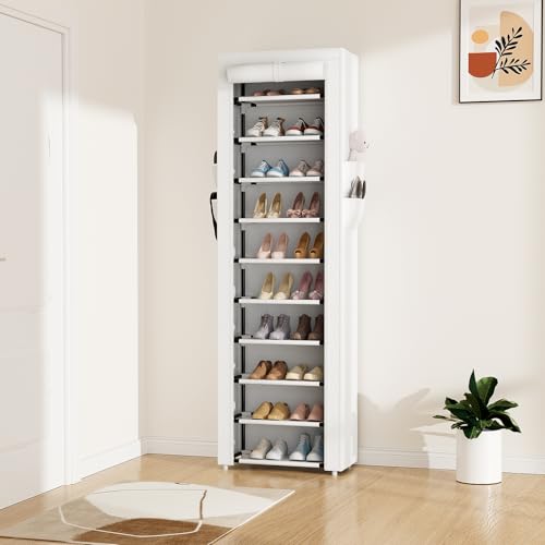 Image of ROJASOP Shoe Rack with Covers 10 Tier Large Shoe Organizer Tall Shoe Closet Storage for 20-22 Pairs Shoe and Boot, Free Standing Shoe Rack Organizer for Closet, Entryway, Bedroom, White