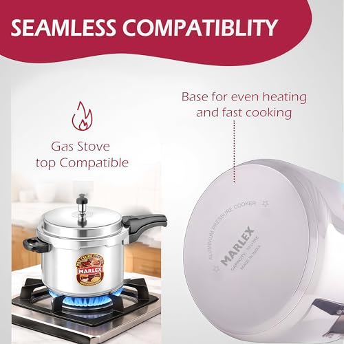 Image of Marlex Deluxe 10 Litre Outer Lid Aluminum Pressure Cooker | Gas Stovetop Compatible Cooker, Non Induction Base, Metallic Safety Plug, ISI Certified | Silver - 5 Years Warranty