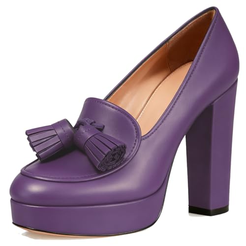 Image of SHODENSE Women Vintage Chunky Platform Loafers Pumps Tassel Round Closed Toe Slip On Suede Block High Heel Dress Loafer Shoes Buckle Strap Oxford Loafers Fringe Pump Dressy Chic Sexy Y2k 4-11 M US
