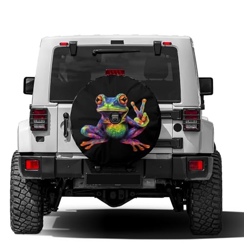 Image of Delerain Colorful Peace Frog Spare Tire Cover with Backup Camera Hole for RV Trailer SUV Truck and Many Vehicle, Wheel Covers Sun Protector Waterproof (12 Inch for Diameter 18 inch-19 inch)