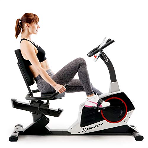 Image of Marcy Regenerating Recumbent Exercise Bike with Adjustable Seat, Pulse Monitor and Transport Wheels ME-706
