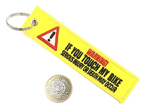 SNS Components If You Touch My Bike Serious Injury Or Death May Occur Yellow Warning Motorbike Woven Embroidered Luggage Tag Keyring Keychain