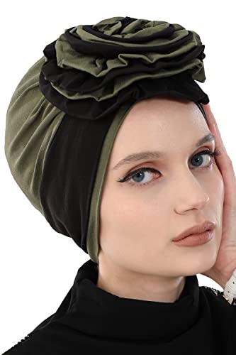 Aisha's Design Pretied Instant Turban Head Wraps For Women, 95% Cotton Hijab Scarf, 2-Color Rose Detail, Black-Army Green