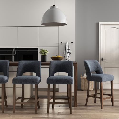 Image of VKNOW Bar Stools Set of 2, 26 inch Upholstered Counter Height Bar Stools, Modern Counter Stools with Wood Legs for Kitchen Island Dining Room Bar, Navy Blue
