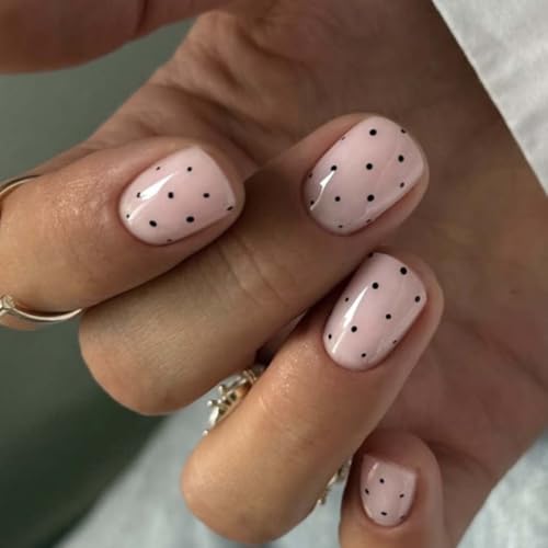 Foccna Extra Short Press on Nails Square Fake Nails Polka Dots Glossy Short Round Nails, Salon...