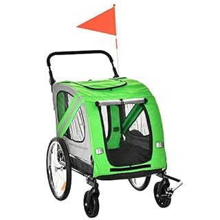 PawHut Rimorchio Bici e Passeggino per Cani 2 in 1, Carrello Bici in Acciaio e Tessuto Oxford con Catarifrangenti e Bandierina, Verde
