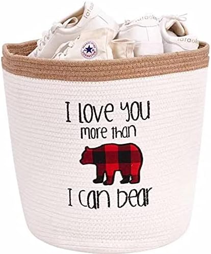 DECOMOMO Bear Cotton Rope Storage Basket | Woven Décor Blanket Hamper with Handles | Great for Living Room/Nursery/Laundry/Toys/Pillows/Throw/Towels/Gift (White & Bear, Large 16”)