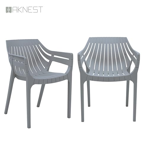 Image of OAKNEST Supreme Spectrum Plastic Arm Chair - Modern Slatted Stackable Chair for Living Room, Dining, Garden, Balcony, Restaurant & Cafe | Indoor Outdoor Designer Chair, Set of 2, Champagne