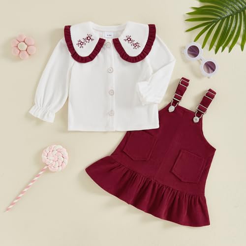 Emmababy Baby Girl Corduroy Suspender Dress Toddler Ruffle Shirt Long Sleeve Button Down Tops Straps Short Overall Dress Set2