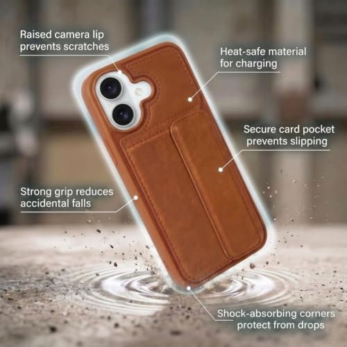 Image of amazon basics Luxury Vegan Leather Back Cover for iPhone 17 | Built-in Card Holder Slot | Integrated Mobile Stand | Slim Shockproof Protective Case with Stitched Finish - Brown